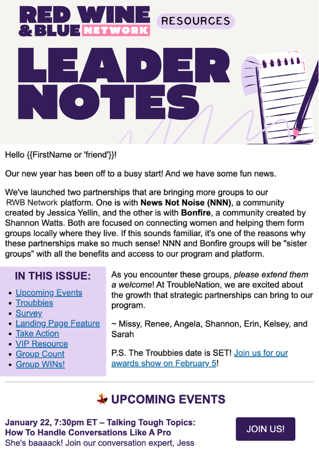 screenshot of a leader notes newsletter
