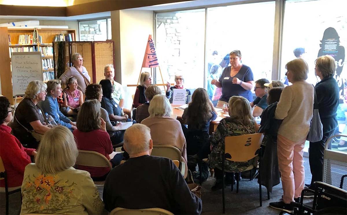 Mary G, creator of the legislative flashcards, talking to a group